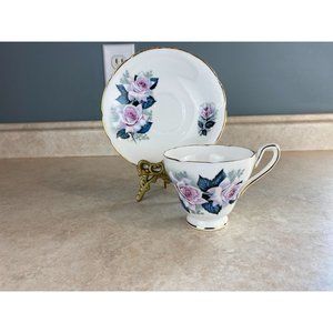Delphine Bone China Tea Cup and Saucer England White Pink Roses